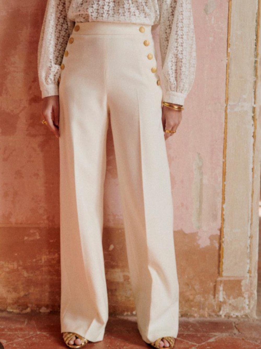 NWT Sezane Marino Trousers Ecru w/ Original Gold Buttons- Size 40 or US 8